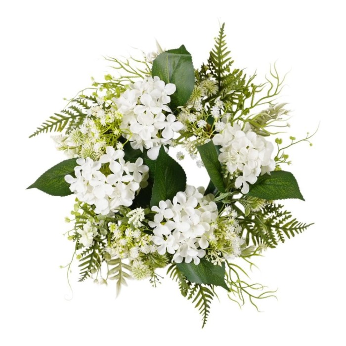 CORONA FIORITA CON ORTENSIE CM.35 CREMA